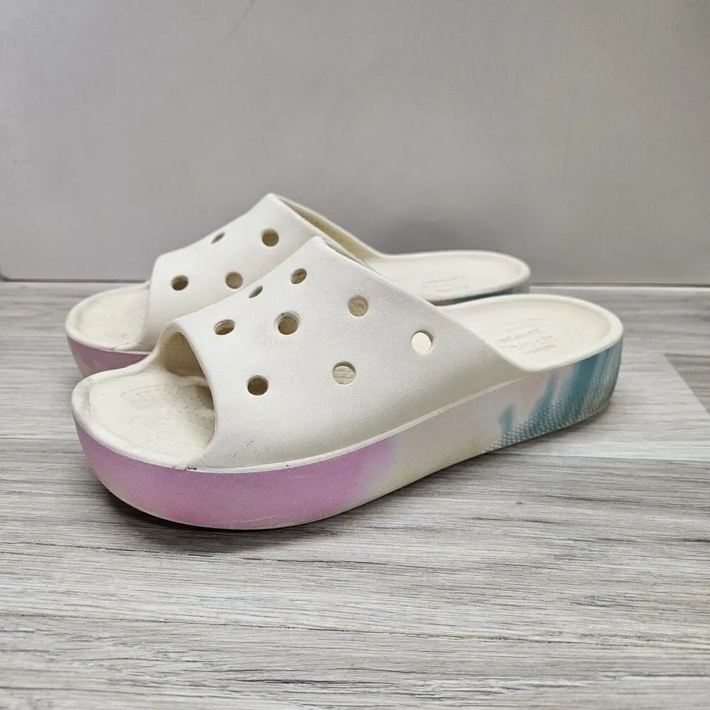 Crocs Classic Platform Sandal White Ombre Girls Womens Size 5 Pink Blue Casual